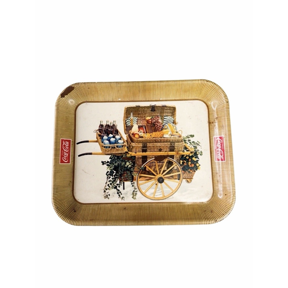 Vintage Coca-Cola Metal Serving Tray Picnic Cart Gold Rim Coke Retro Decor  VTG
